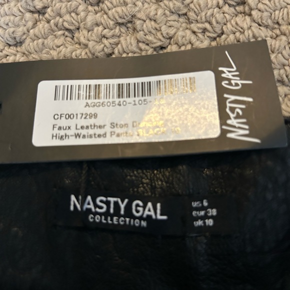 NASTY GAL NWT Black Faux Leather High Waisted Pants with Unique Belt Detail - Picture 6 of 7